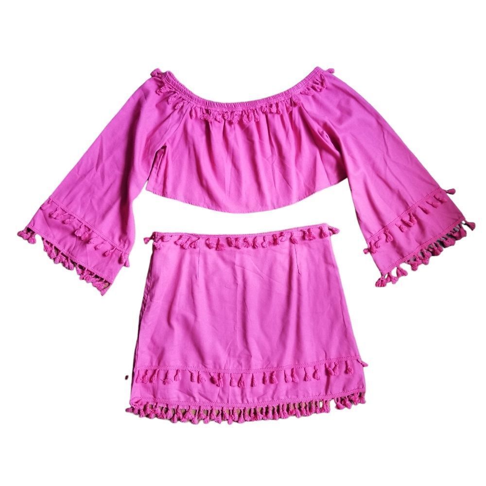 Shein Pink Two Piece Fringe Skirt and Crop Top XL. 5 0291